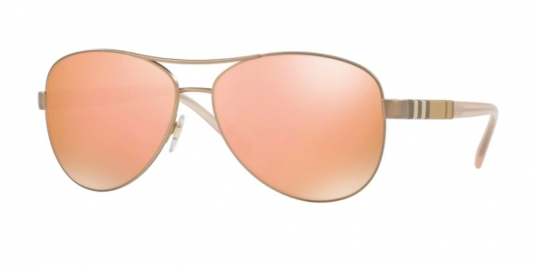 Burberry BE3080 1235/7J Matte Gold/Brown-Rose Gold Mirror Aviator Sunglasses in Gold