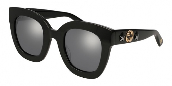 Gucci GG0208S 002 Black/Grey-Silver Mirror Square Sunglasses in Black