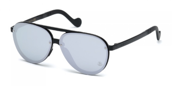 Moncler ML 0063 01C Shiny Black/Smoke-Silver Mirror Aviator Sunglasses in Black